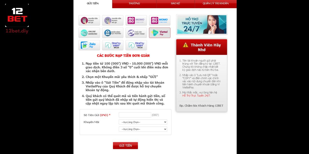 Hướng Dẫn Thao Tác Nạp Tiền 12Bet Cực Dễ Trong Tích Tắc 2 Nạp Qua Viettel Pay Tại Nhà Cái 12 Bet