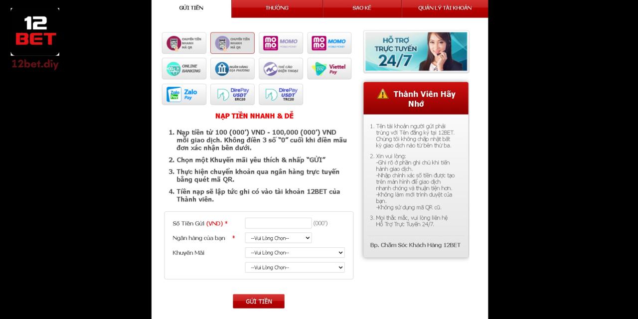 Hướng Dẫn Thao Tác Nạp Tiền 12Bet Cực Dễ Trong Tích Tắc 1 Nạp tiền nhanh bằng mã QR